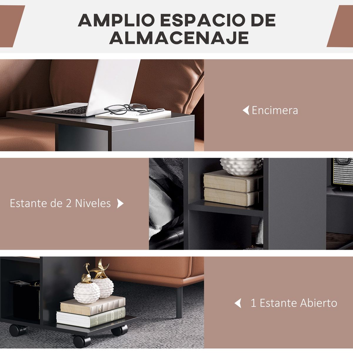 Mesa auxiliar Margarita Homcom 3 niveles con ruedas negro 58x45x35 cm web