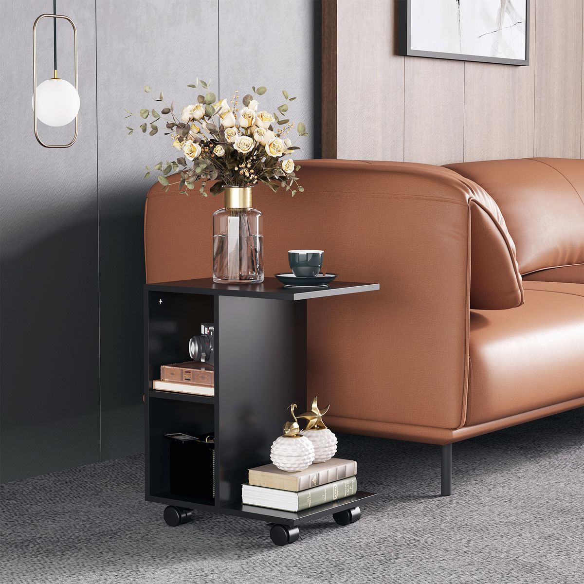 Mesa auxiliar Margarita Homcom 3 niveles con ruedas negro 58x45x35 cm ambientada