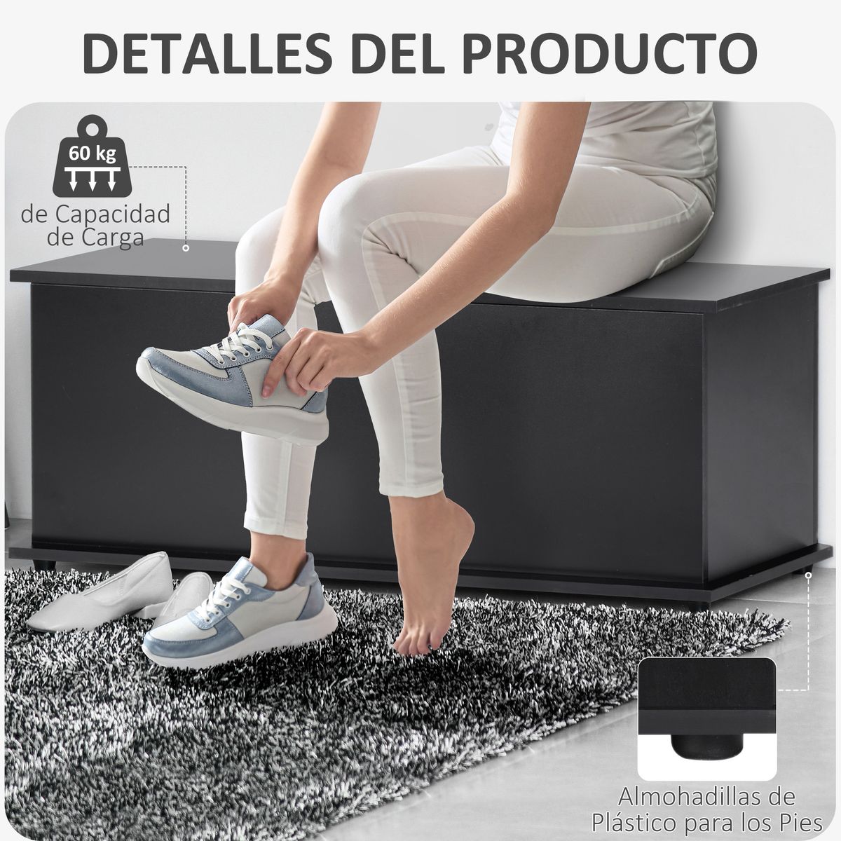 Baúl de almacenamiento Amatista tapa abatible negro 40x100x40 cm