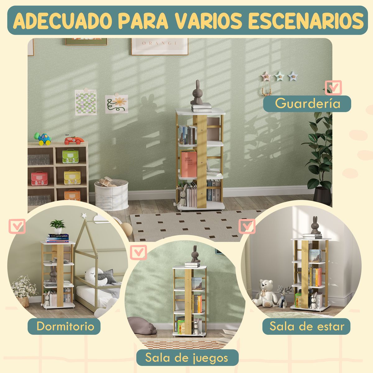 Estantería infantil Plamera Aiyaplay 3 estantes con ruedas +3A blanco/natural 99,5x48x48 cm