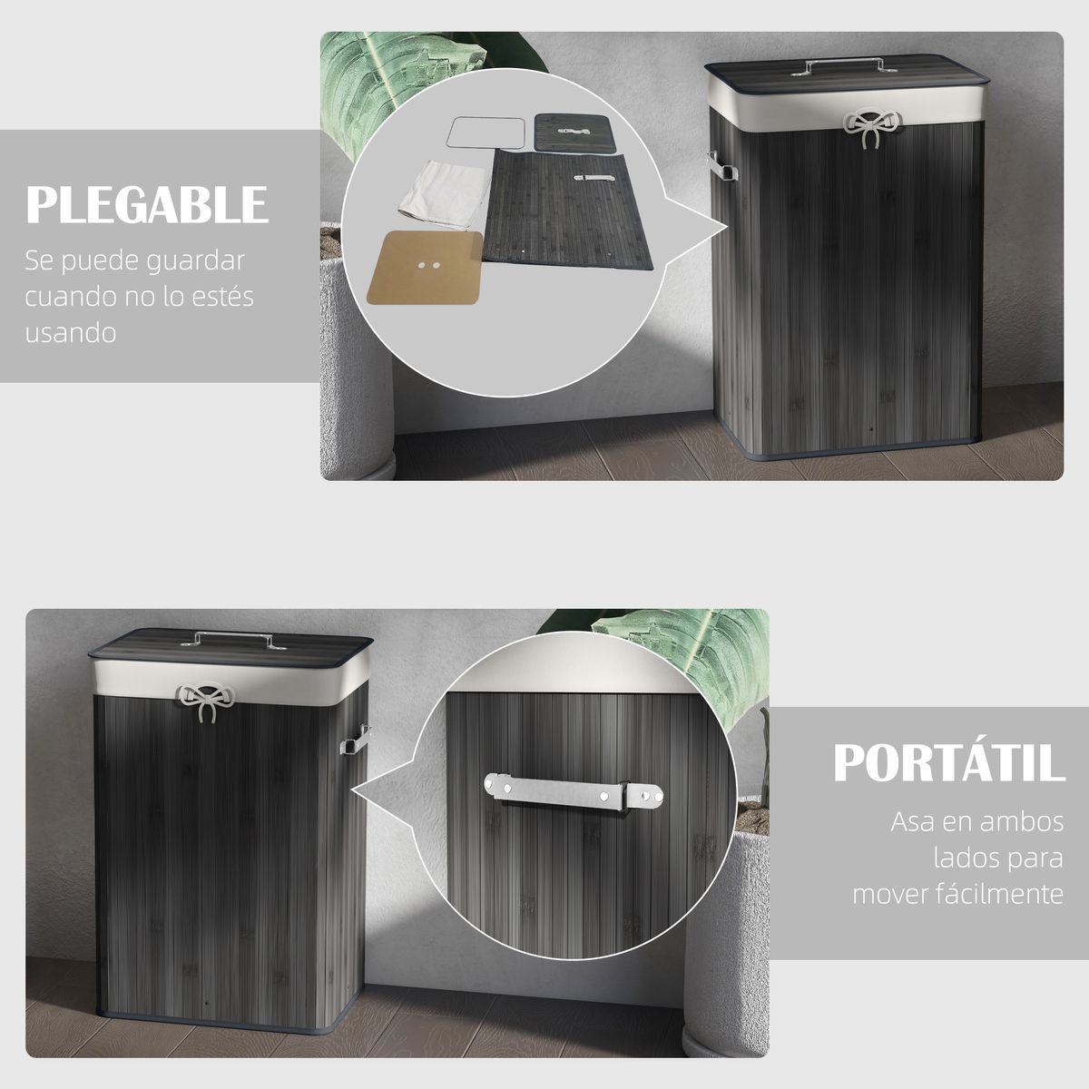Cesto para ropa sucia Kunzita Homcom plegable con asas gris 60x40x30 cm