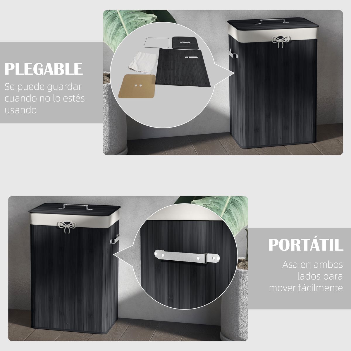Cesto para ropa sucia Kunzita Homcom plegable con asas negro 60x40x30 cm