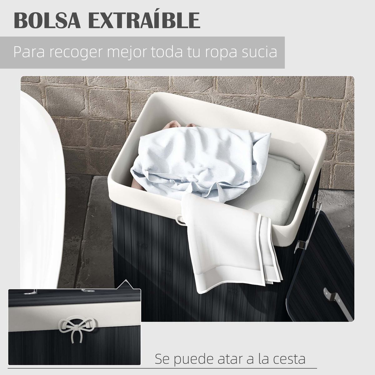Cesto para ropa sucia Kunzita Homcom plegable con asas negro 60x40x30 cm