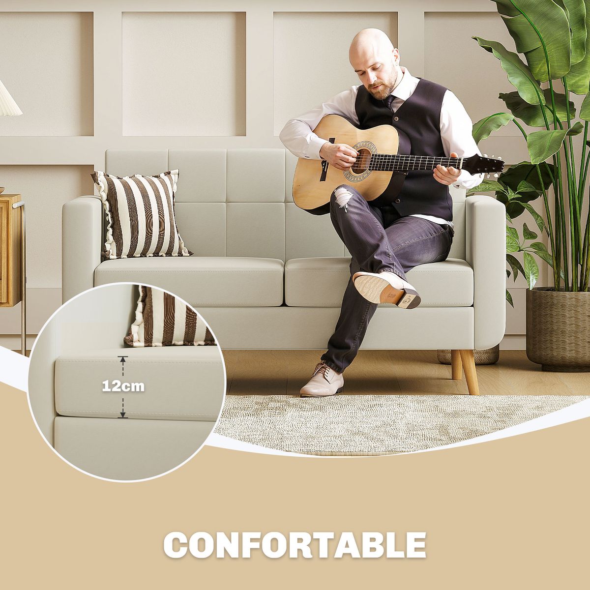 Sofá Sere Homcom 2 plazas con reposabrazos crema 75x138,5x70 cm