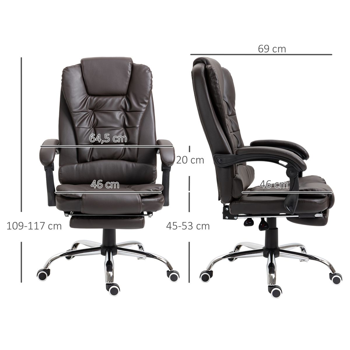 Silla de oficina Adar Homcom con reposapiés reclinable marrón oscuro 109-117x64,5x69 cm medidas