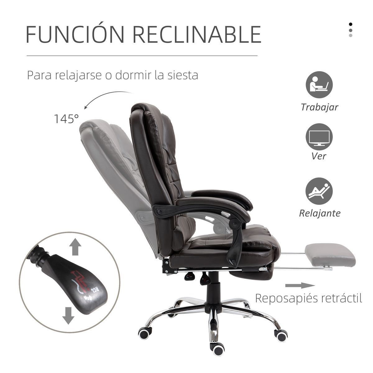 Silla de oficina Adar Homcom con reposapiés reclinable marrón oscuro 109-117x64,5x69 cm reclinable