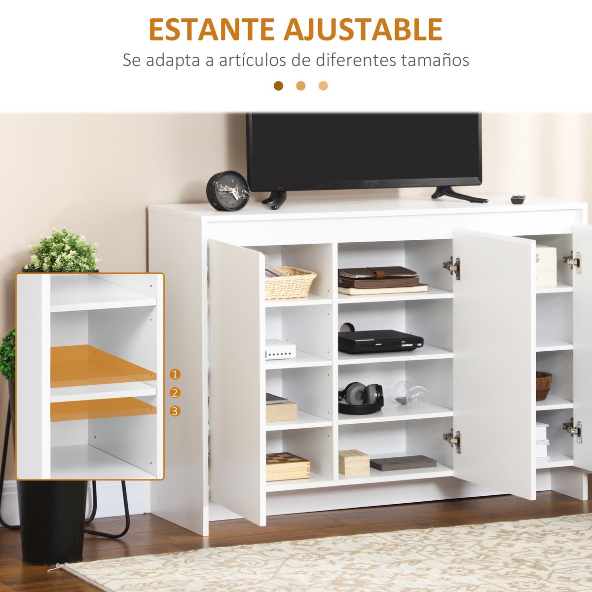 Aparador Zafiro Homcom 3 puertas blanco 85x120x35 cm
