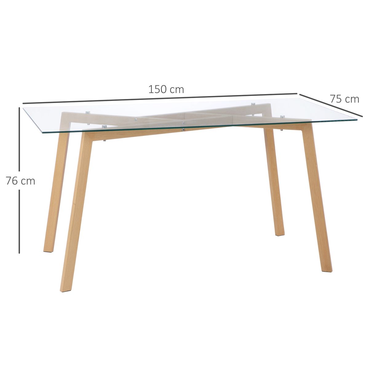 Mesa de comedor Rubí Homcom 6 personas cristal natural 76x150x75 cm medidas