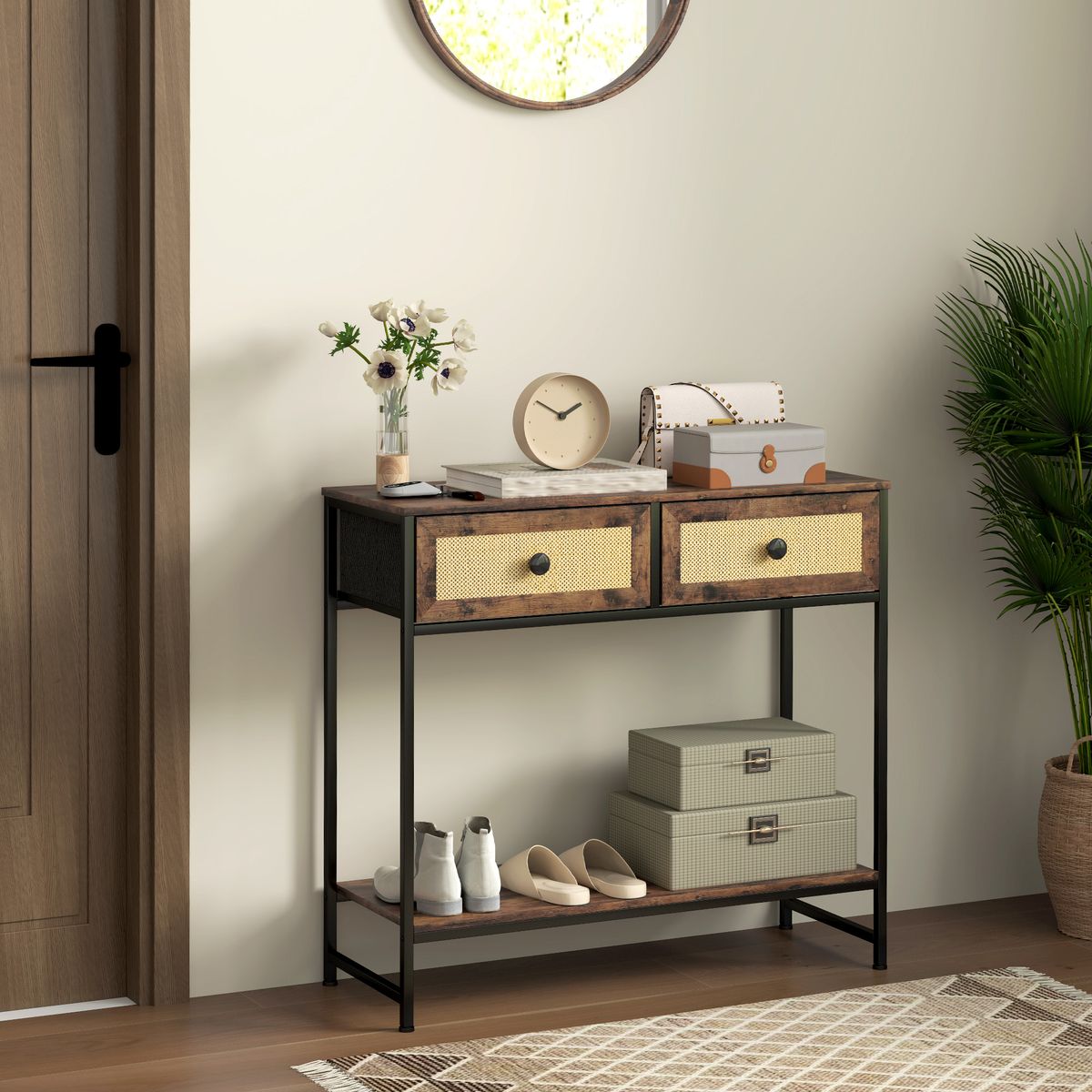 Mesa consola Confort Homcom 2 cajones + balda inferior marrón 75x80x30 cm