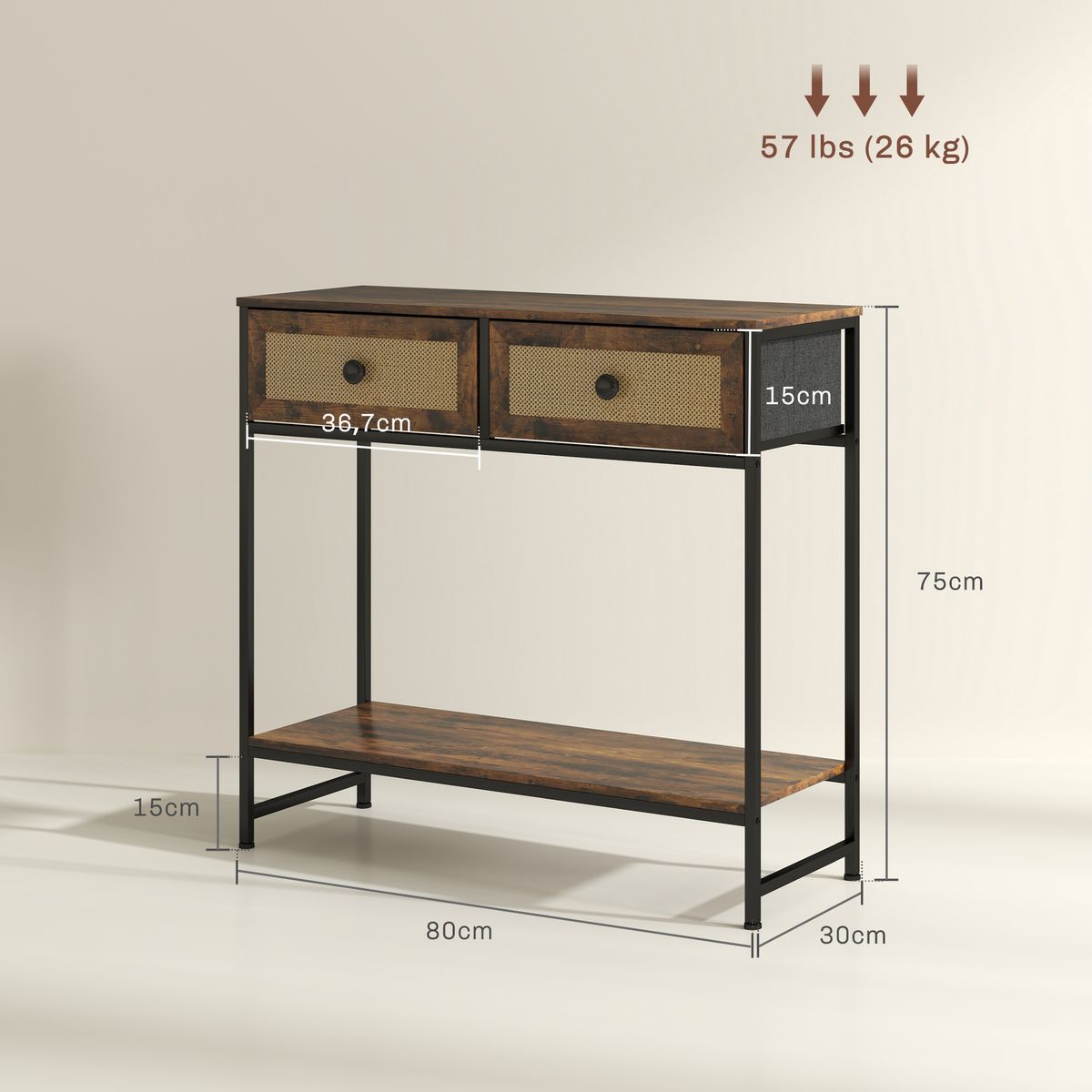 Mesa consola Confort Homcom 2 cajones + balda inferior marrón 75x80x30 cm