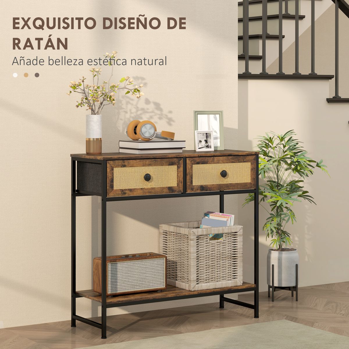 Mesa consola Confort Homcom 2 cajones + balda inferior marrón 75x80x30 cm