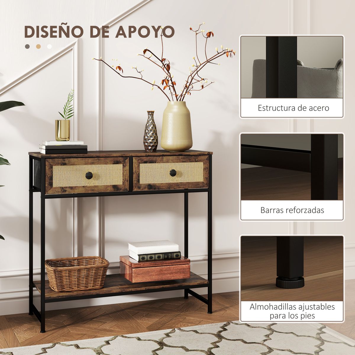 Mesa consola Confort Homcom 2 cajones + balda inferior marrón 75x80x30 cm
