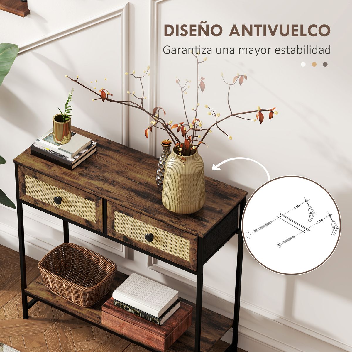 Mesa consola Confort Homcom 2 cajones + balda inferior marrón 75x80x30 cm