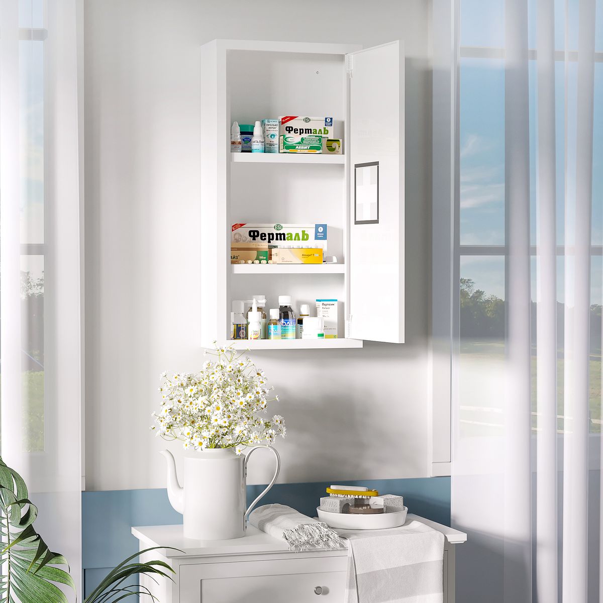 Botiquín Kleankin 3 compartimentos con puerta magnética blanco 60x30x12 cm  animada