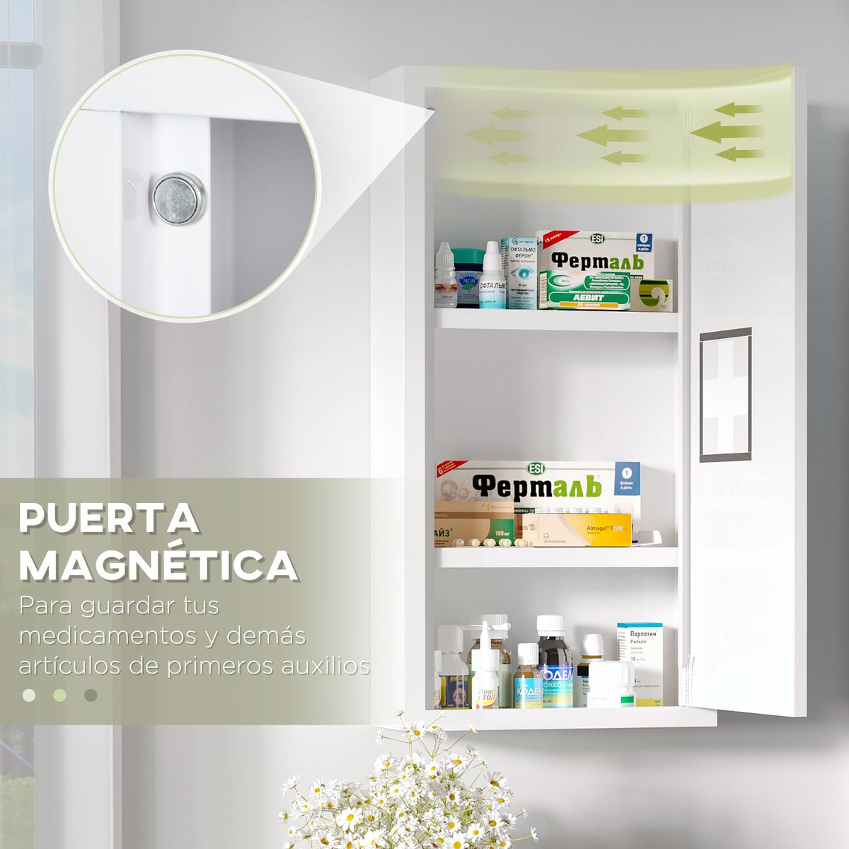 Botiquín Kleankin 3 compartimentos con puerta magnética blanco 60x30x12 cm