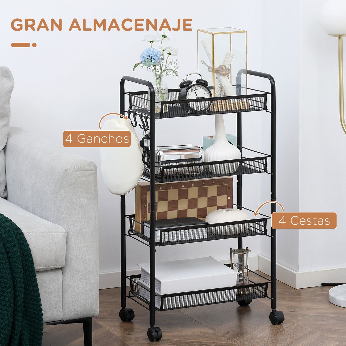 carrito-auxiliar-blum-homcom-4-niveles-ganchos-ruedas-negro-84x45x265cm