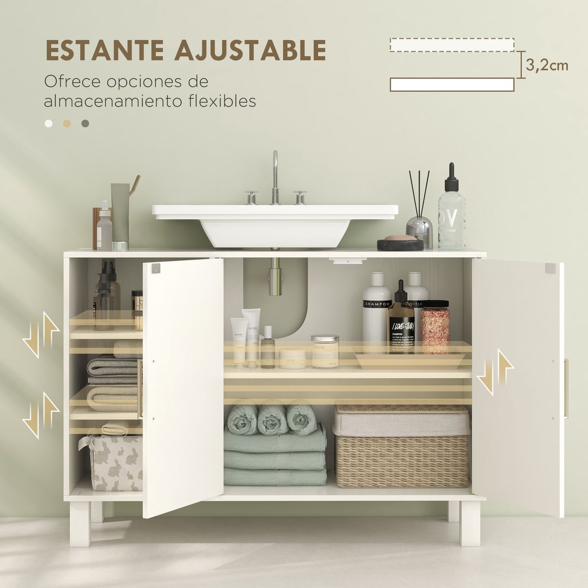 Mueble de lavabo Peonía Kleankin 3 compartimentos + armario crema 63x90x30 cm interior