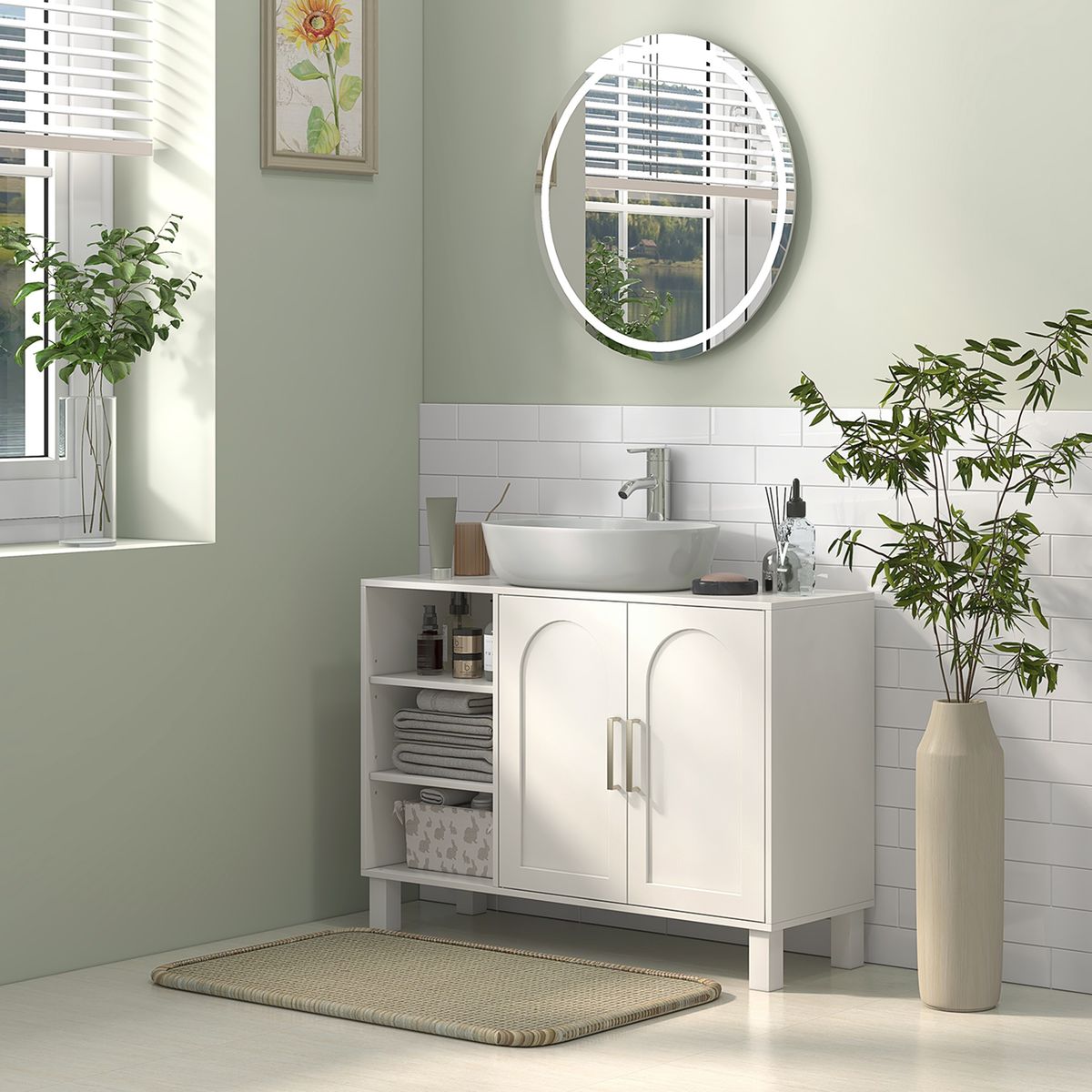 Mueble de lavabo Peonía Kleankin 3 compartimentos + armario crema 63x90x30 cm  ambientada