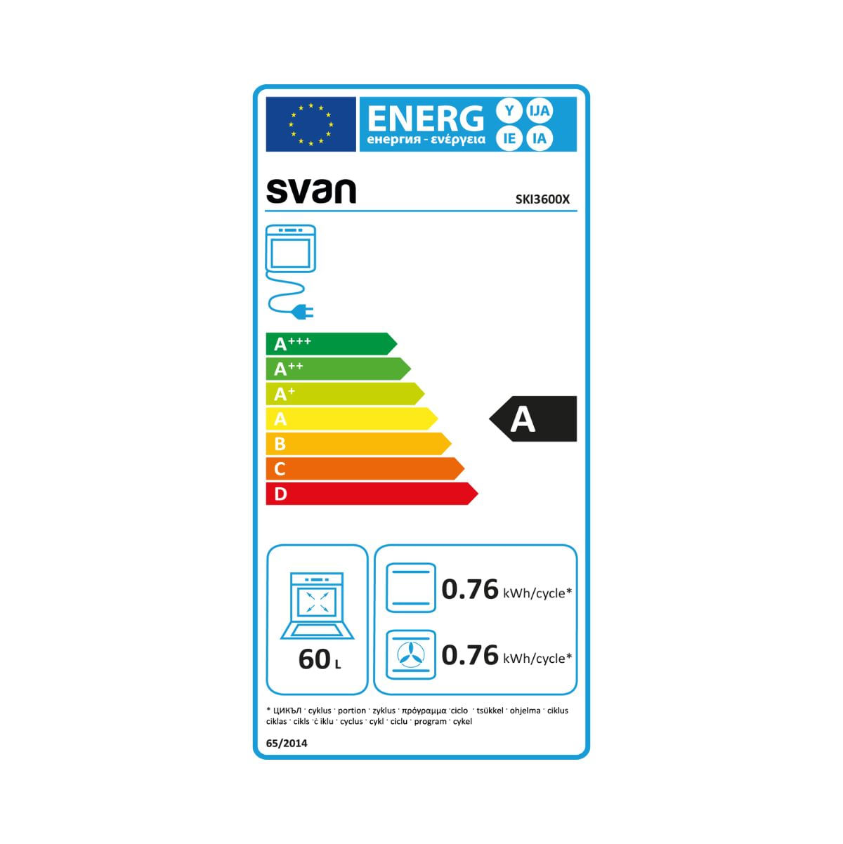 Cocina eléctrica Svan SKI3600X inducción 7400W 3 zonas 60L A inox 59,8 cm etiqueta energetica