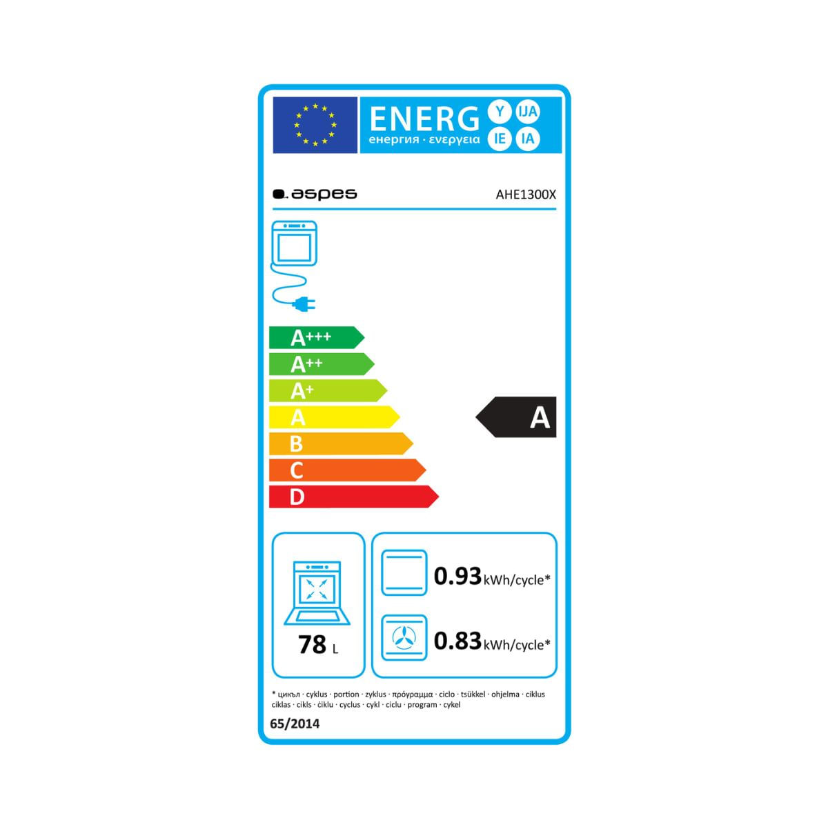 Horno multifunción Aspes AHE1300X 78L 10 programas A negro 59,5 cm etiqueta energetica