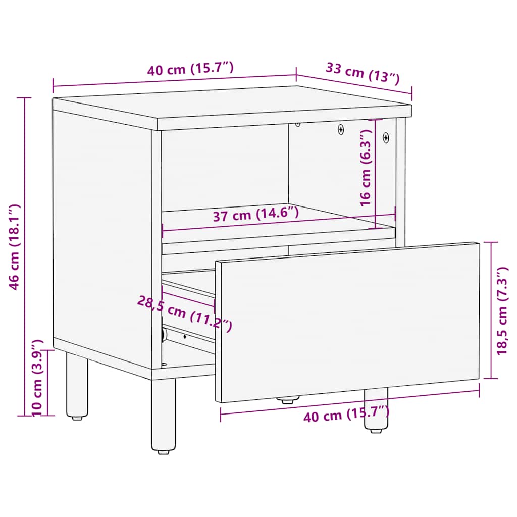 Mesita de noche Reinita 1 cajón + compartimento madera maciza natural 46x40x33 cm medidas