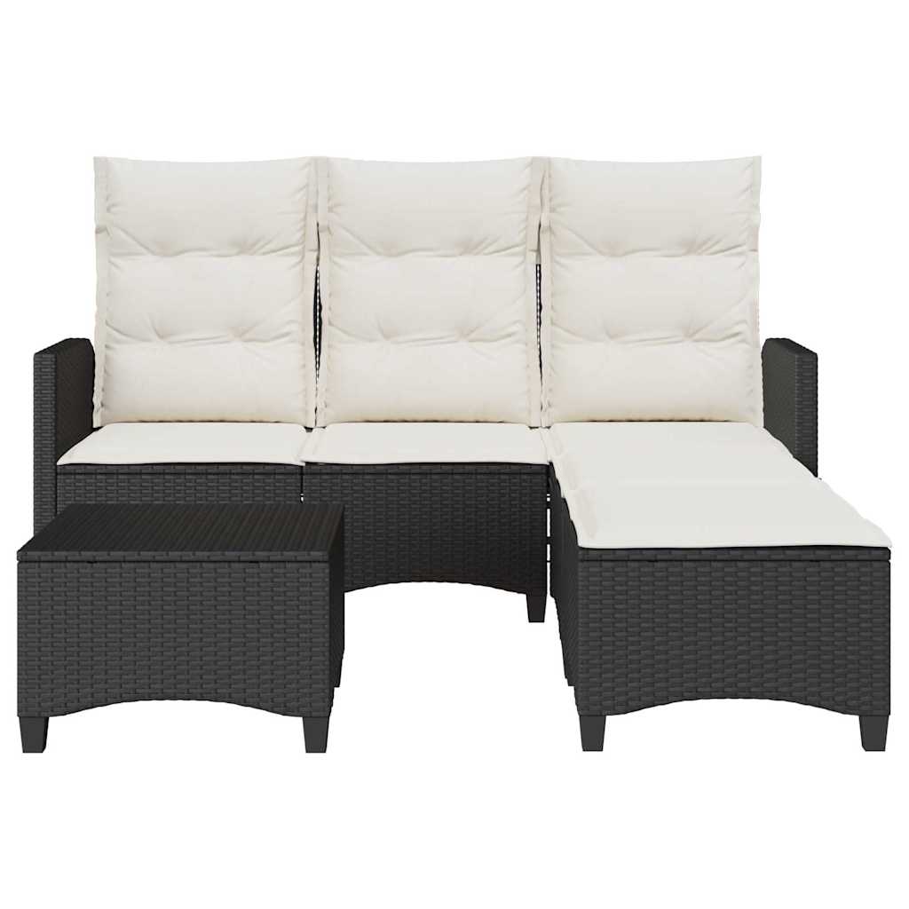 Conjunto de jardín Urki 3 plazas con cojines + reposapiés/mesa negro 83-91x176x138-125 cm frontal