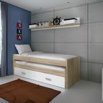 Composición de dormitorio Champion cama nido + cajonera + estante cambria/blanco