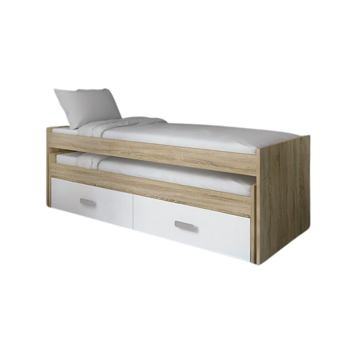 Composición de dormitorio Champion cama nido + cajonera + estante cambria/blanco