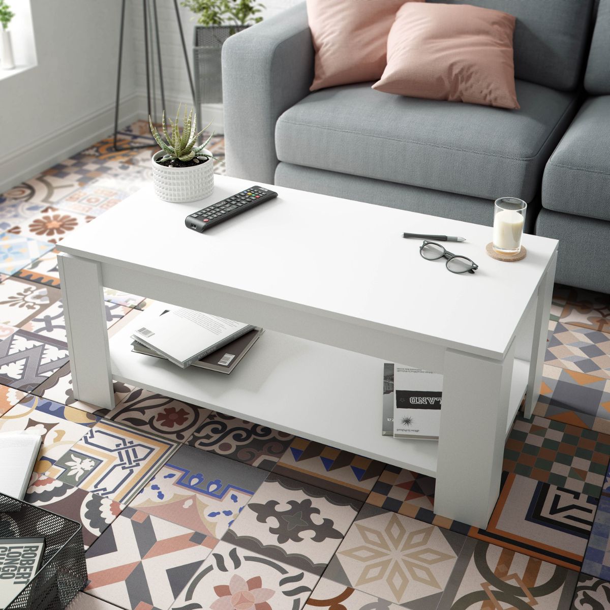 Mesa centro elevable Ambit blanco artik ambientada