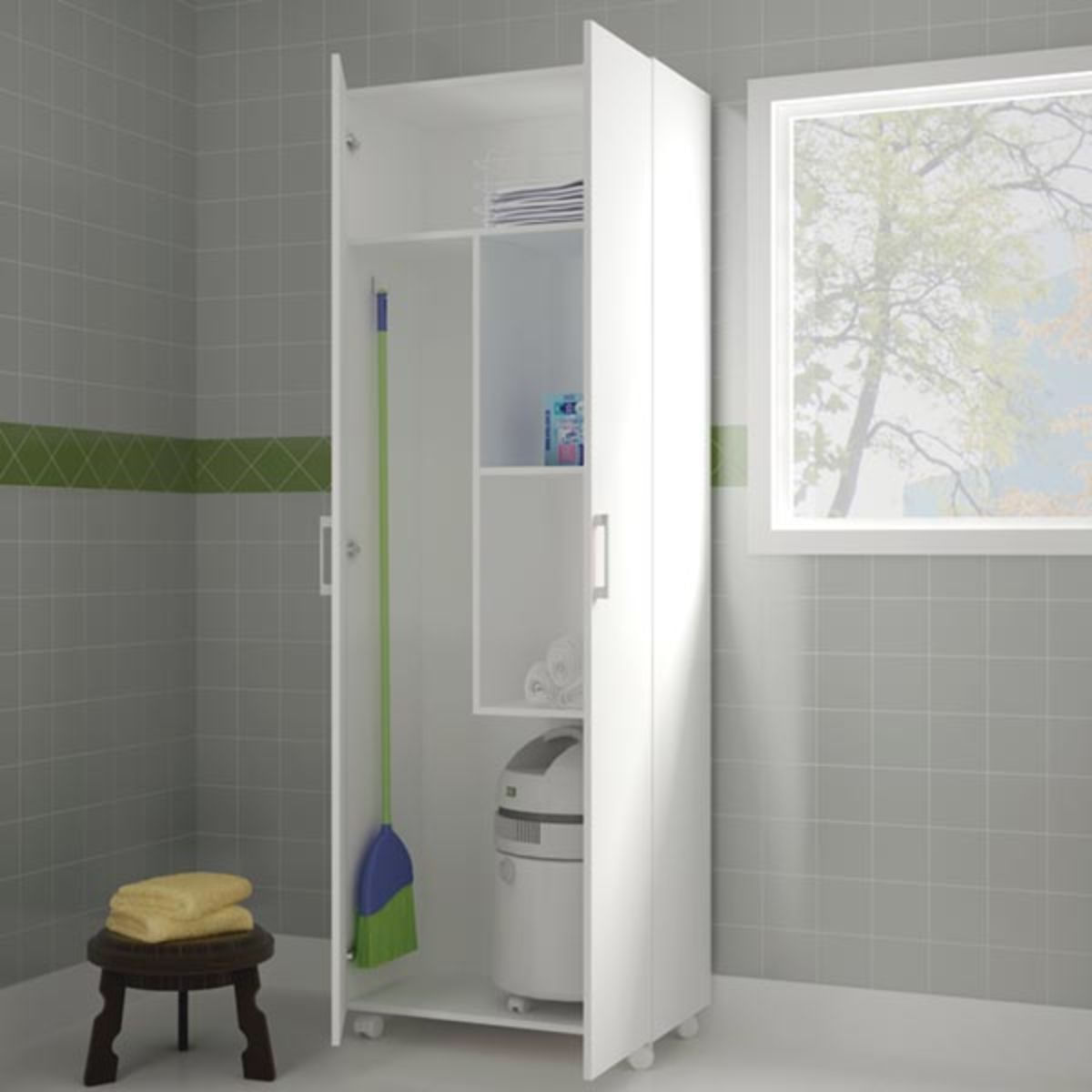 Armario Aris escobero 2 puertas + 3 estantes + ruedas blanco 183x72x41 cm