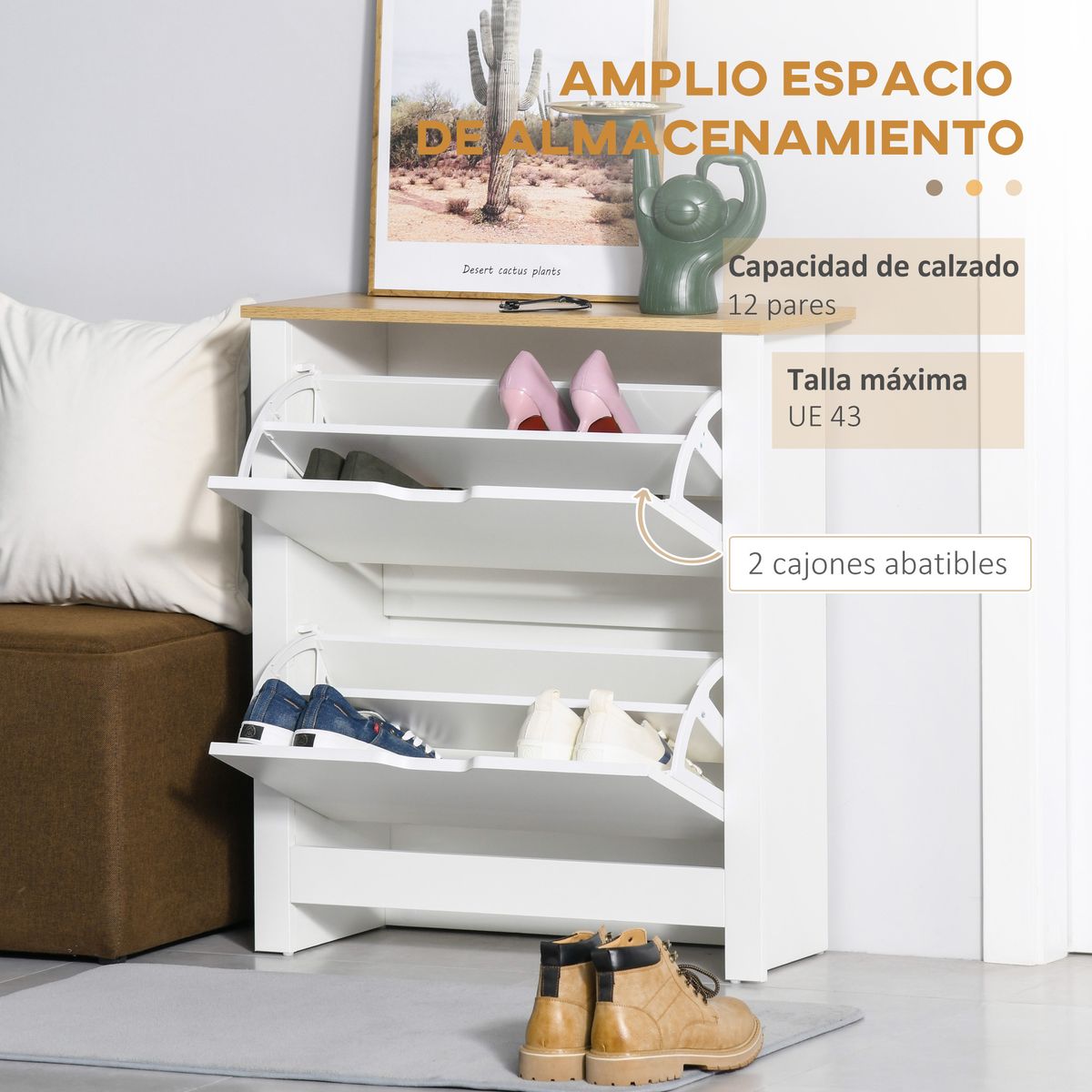 Zapatero-Carmen-Homcom-2-cajones-abatibles-blanco-natural-80x72x26-cm