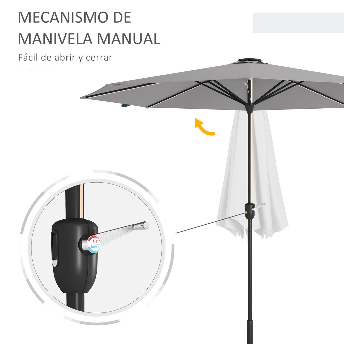 Sombrilla-de-jardin-Meli-Outsunny-luces-LED---panel-solar-gris-claro-Ø265-cm