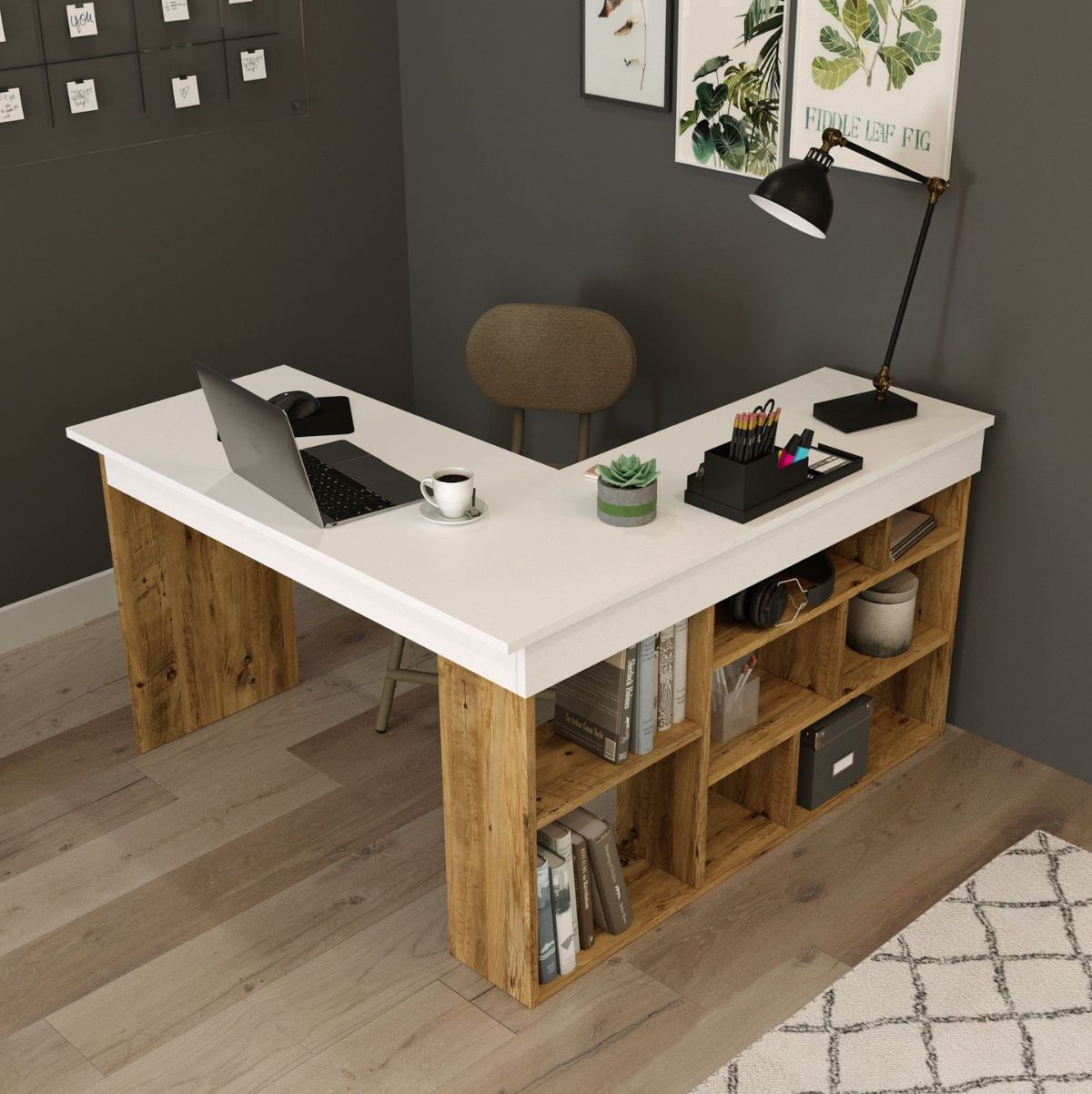 Escritorio Bihar esquinero con estantes natural/blanco 72x115x120 cm ambientada