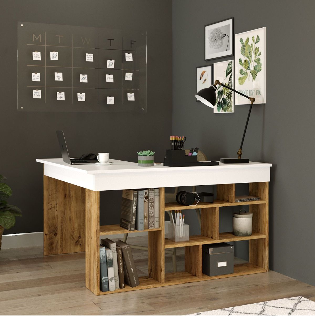 Escritorio Bihar esquinero con estantes natural/blanco 72x115x120 cm frontal