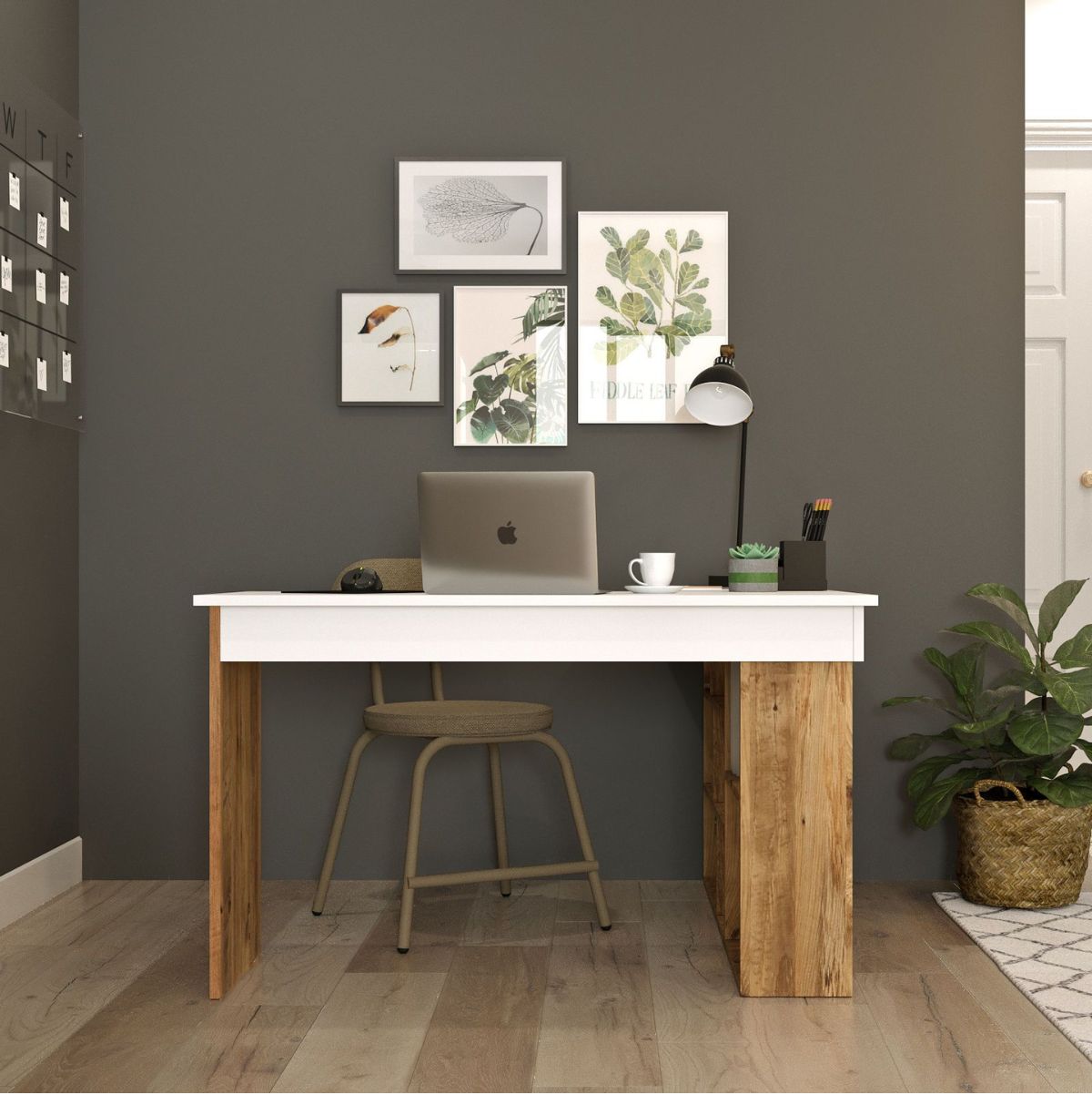 Escritorio Bihar esquinero con estantes natural/blanco 72x115x120 cm frente