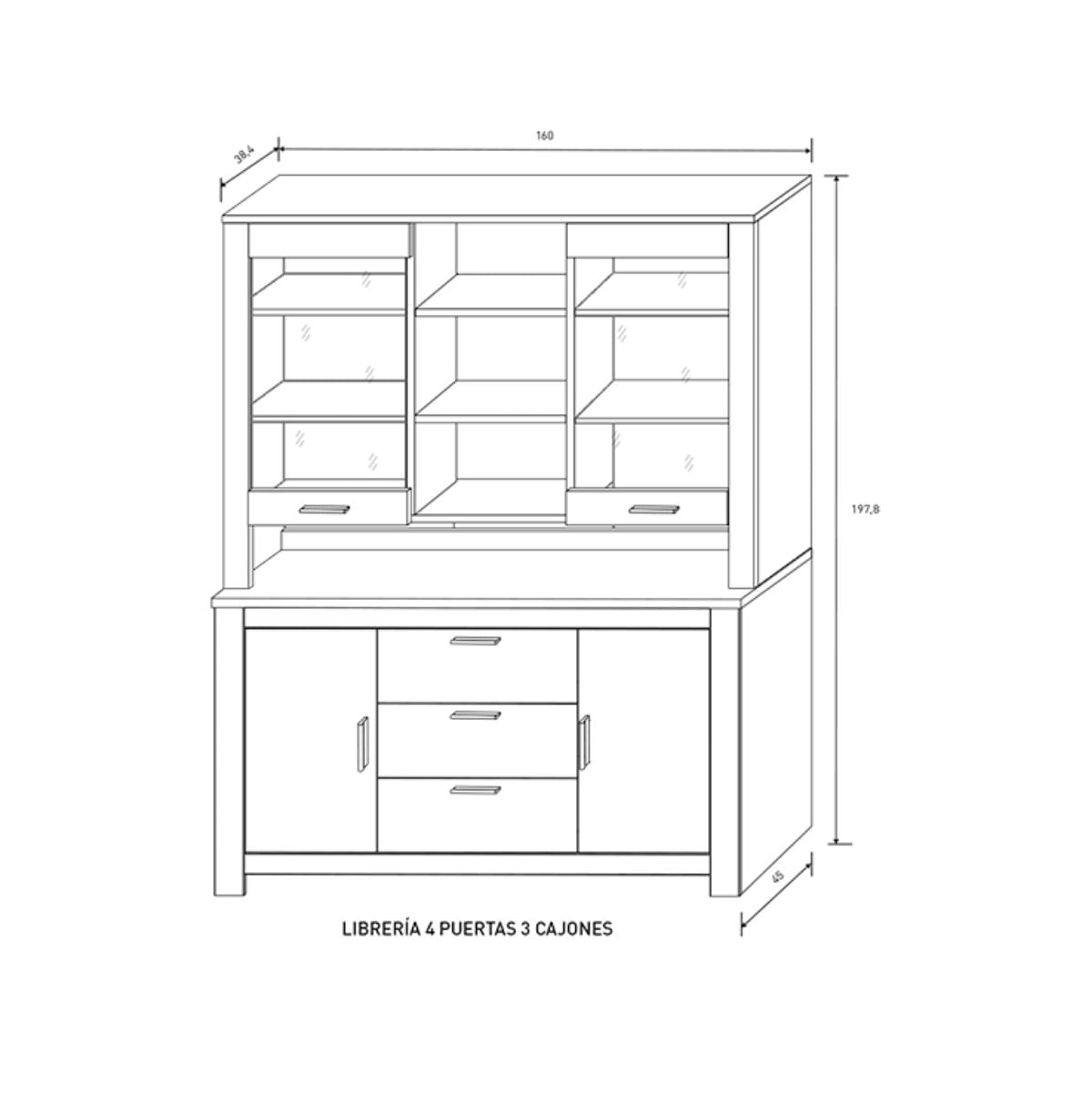 Librería Roncal vitrinas + armario + cajones andersen/roble 197,8x160x45 cm medidas