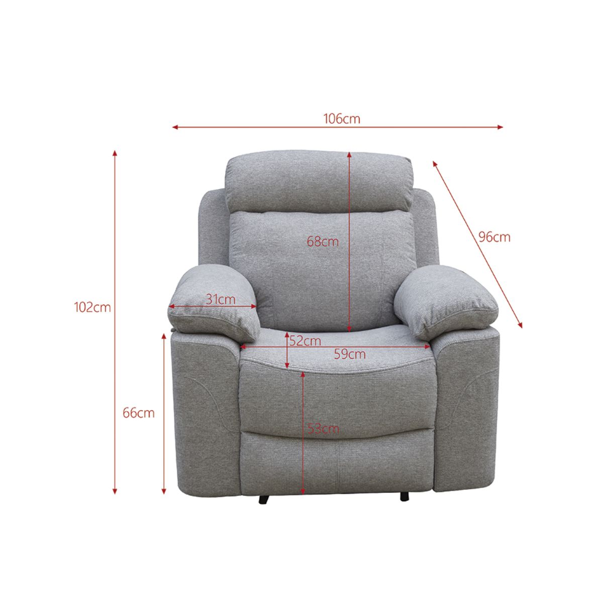 Sofá relax Olimpo 1 plaza reclinable con reposapiés gris 102x106x66-96 cm reclinable medidas