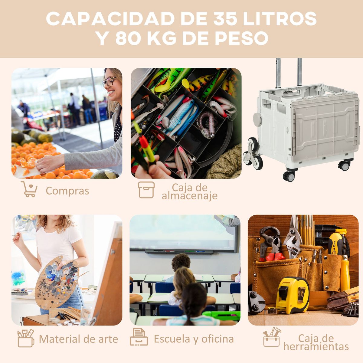 Carrito-multiusos-Roller-Homcom-35L-plegable-blanco-95x43x48-cm-