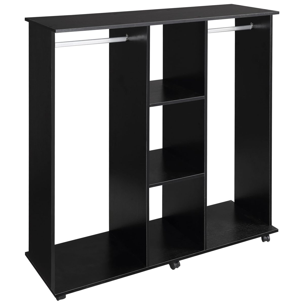 Armario-abierto-Valentin-Homcom-2-barras---3-estantes---ruedas-negro-128x120x40-cm-