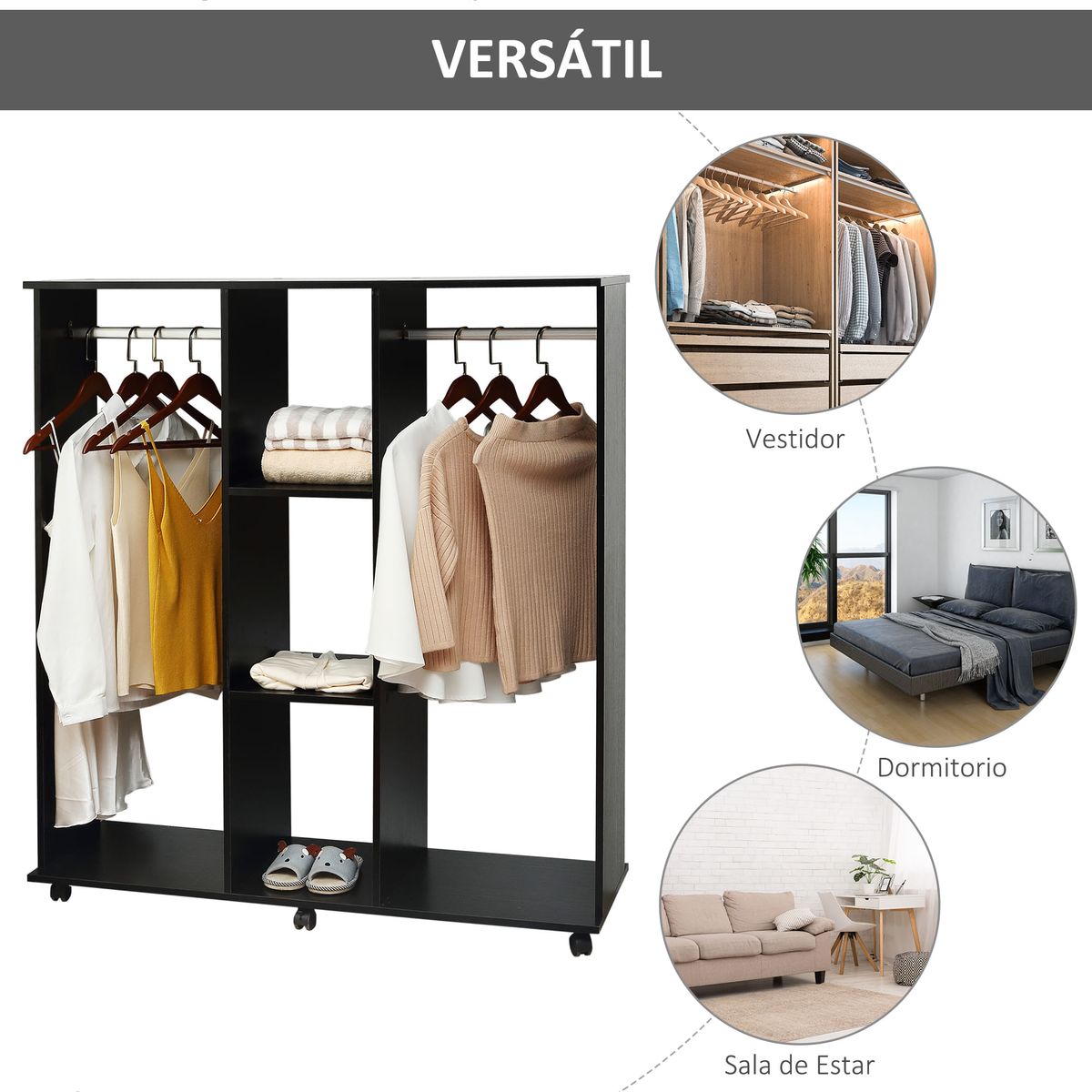 Armario-abierto-Valentin-Homcom-2-barras---3-estantes---ruedas-negro-128x120x40-cm-