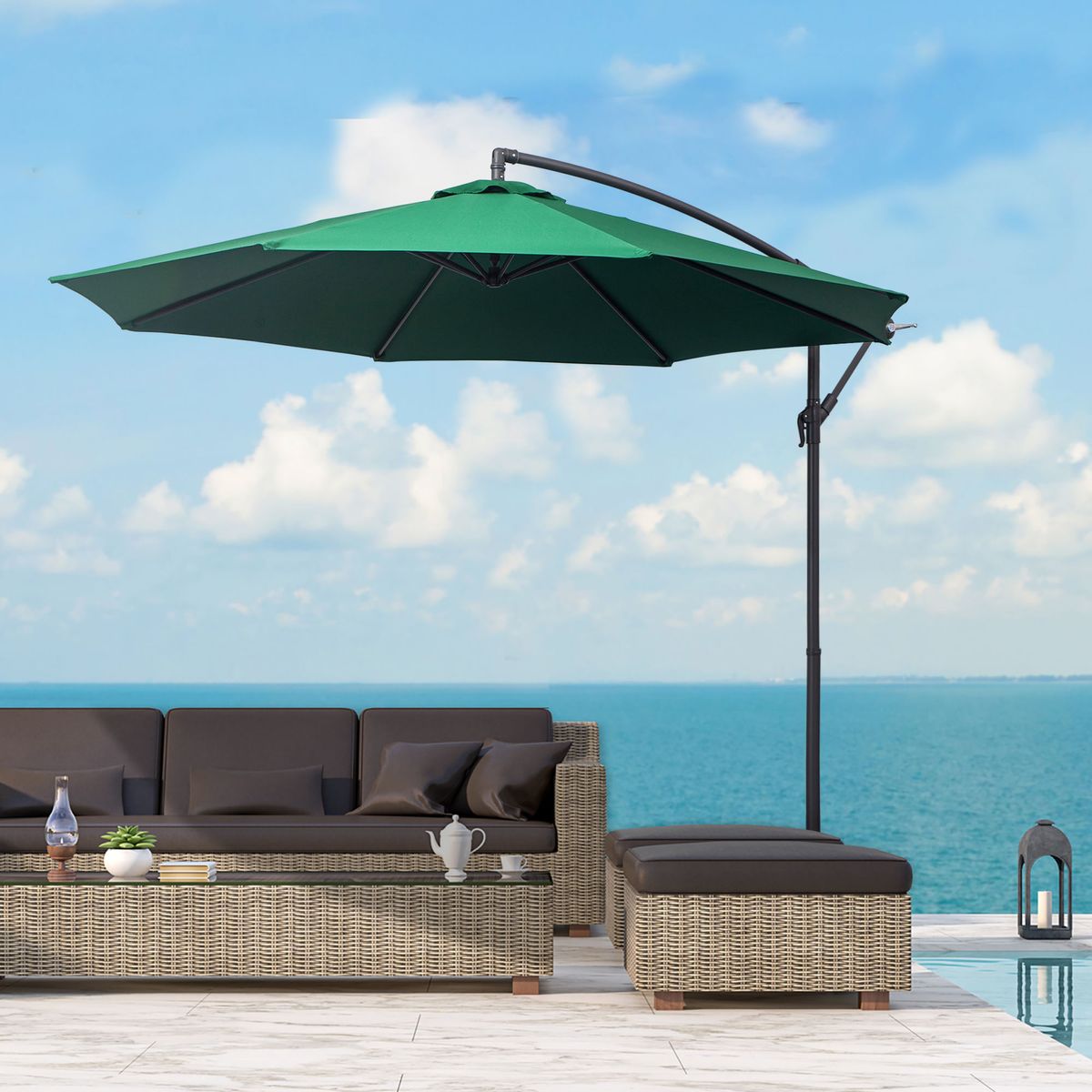 Sombrilla-Summer-Outsunny-base-cruzada---manivela---proteccion-UV-verde-Ø300x250-cm