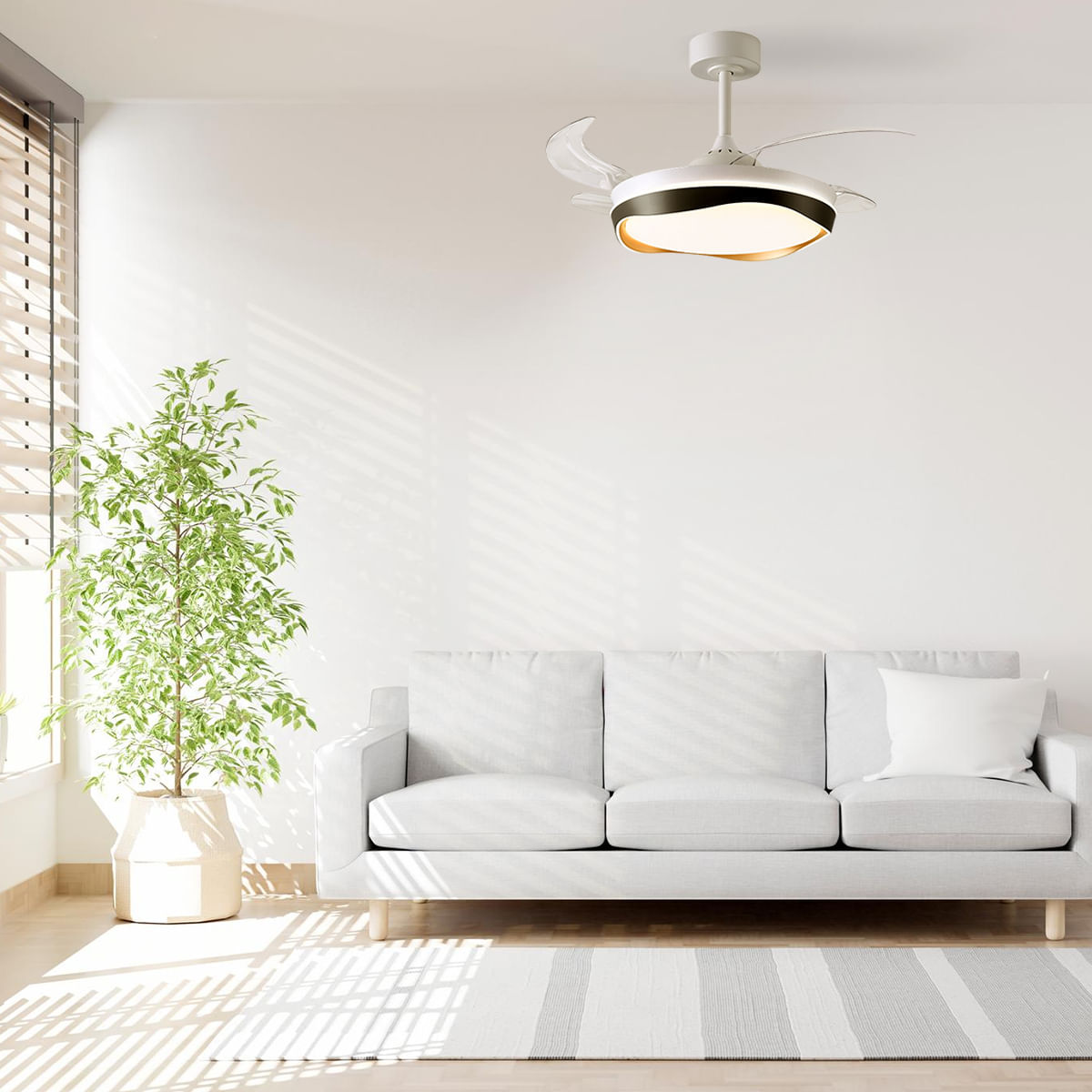 Ventilador-de-techo-Almati-Bel-Air-72W-4-aspas-retractiles-con-luz-LED-negro-dorado-Ø108-cm-ambientada