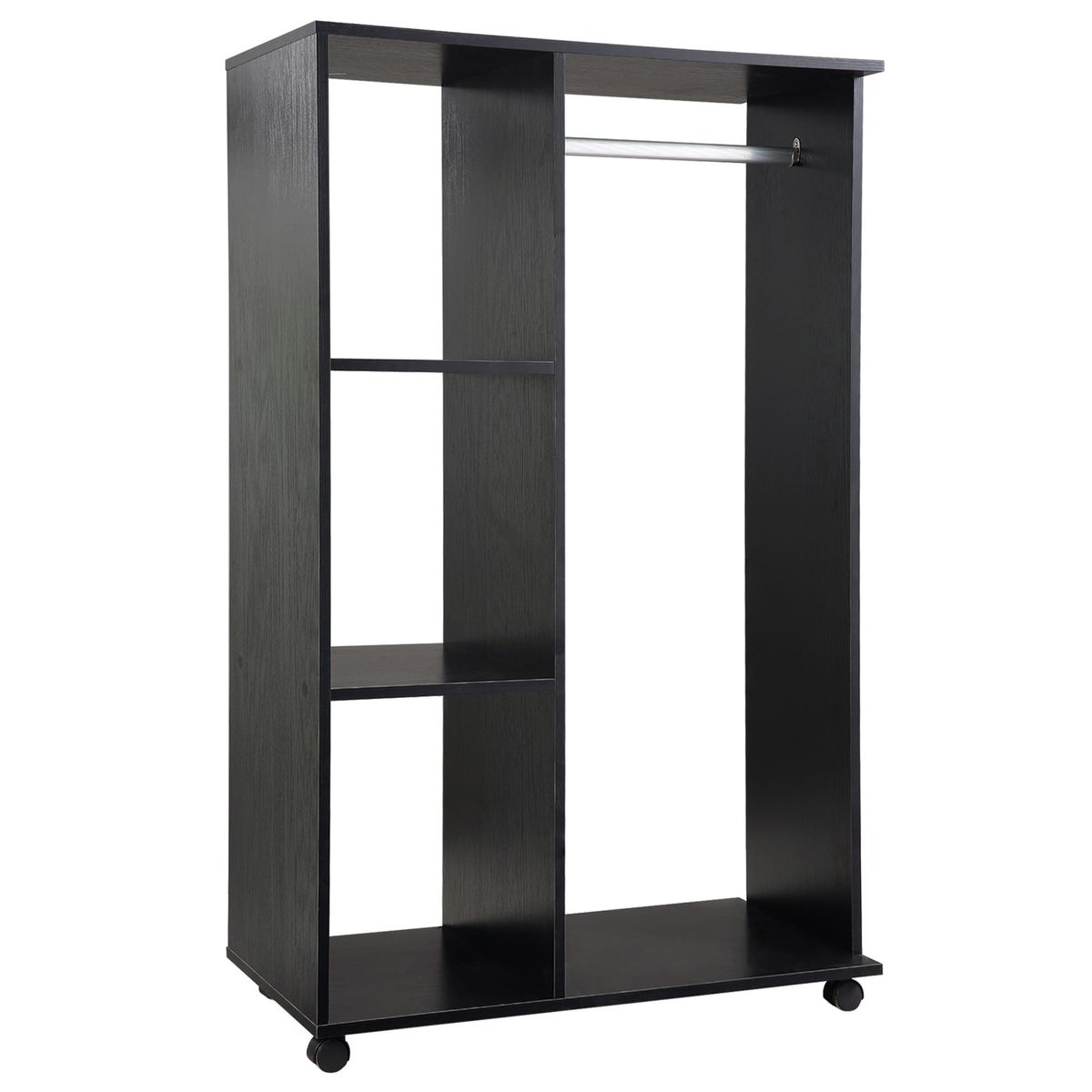 Armario-abierto-Zayn-Homcom-1-barra---3-estantes---ruedas-negro-128x80x40-cm