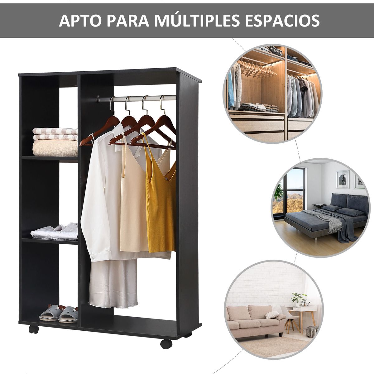 Armario-abierto-Zayn-Homcom-1-barra---3-estantes---ruedas-negro-128x80x40-cm
