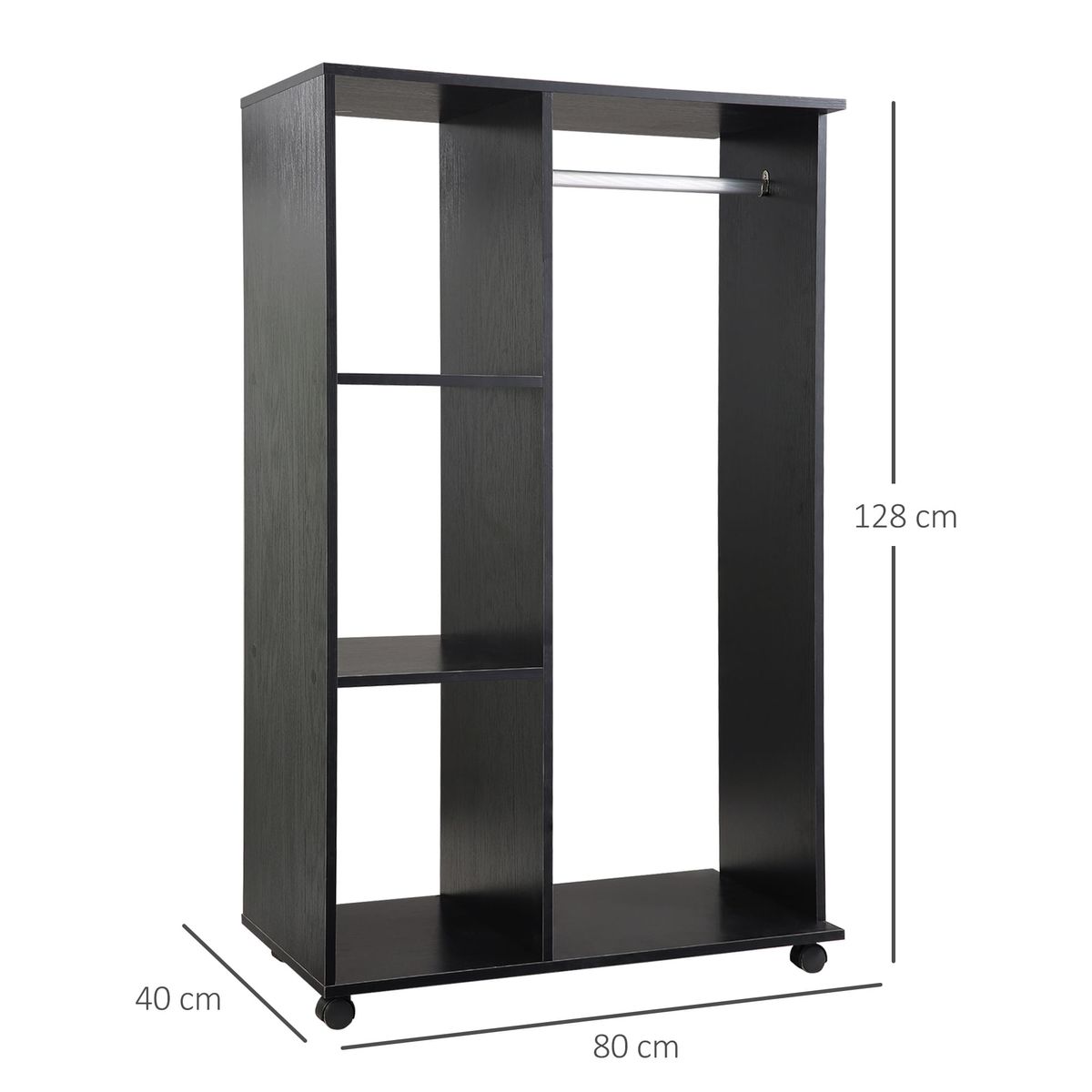 Armario-abierto-Zayn-Homcom-1-barra---3-estantes---ruedas-negro-128x80x40-cm
