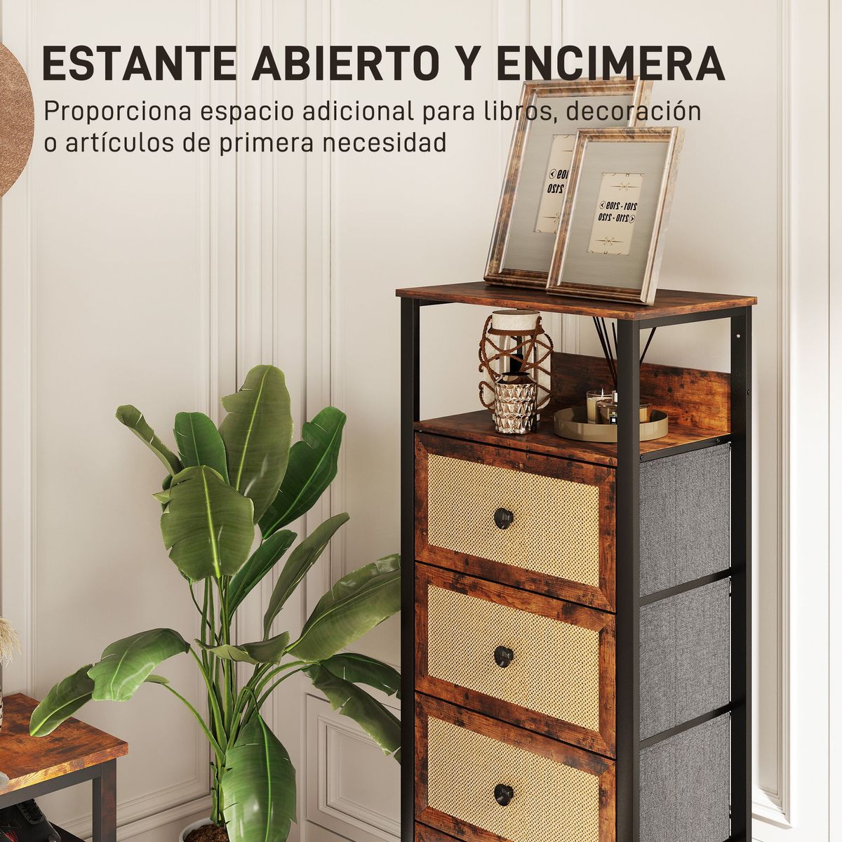 Comoda-Meg-Homcom-estante-abierto---4-cajones-plegables-marron-126x50x30-cm-