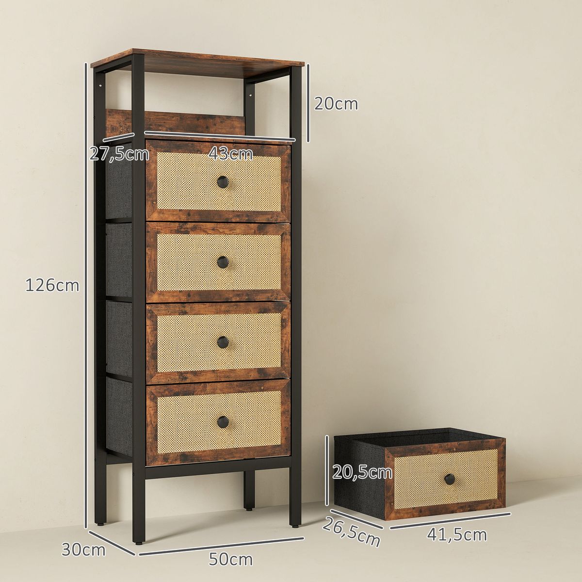Comoda-Meg-Homcom-estante-abierto---4-cajones-plegables-marron-126x50x30-cm-