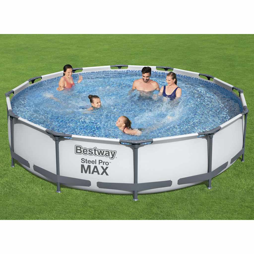 Piscina-desmontable-Steel-Pro-Max-Bestway-6473L---bomba-de-filtro-gris-Ø366x76-cm-ambientada