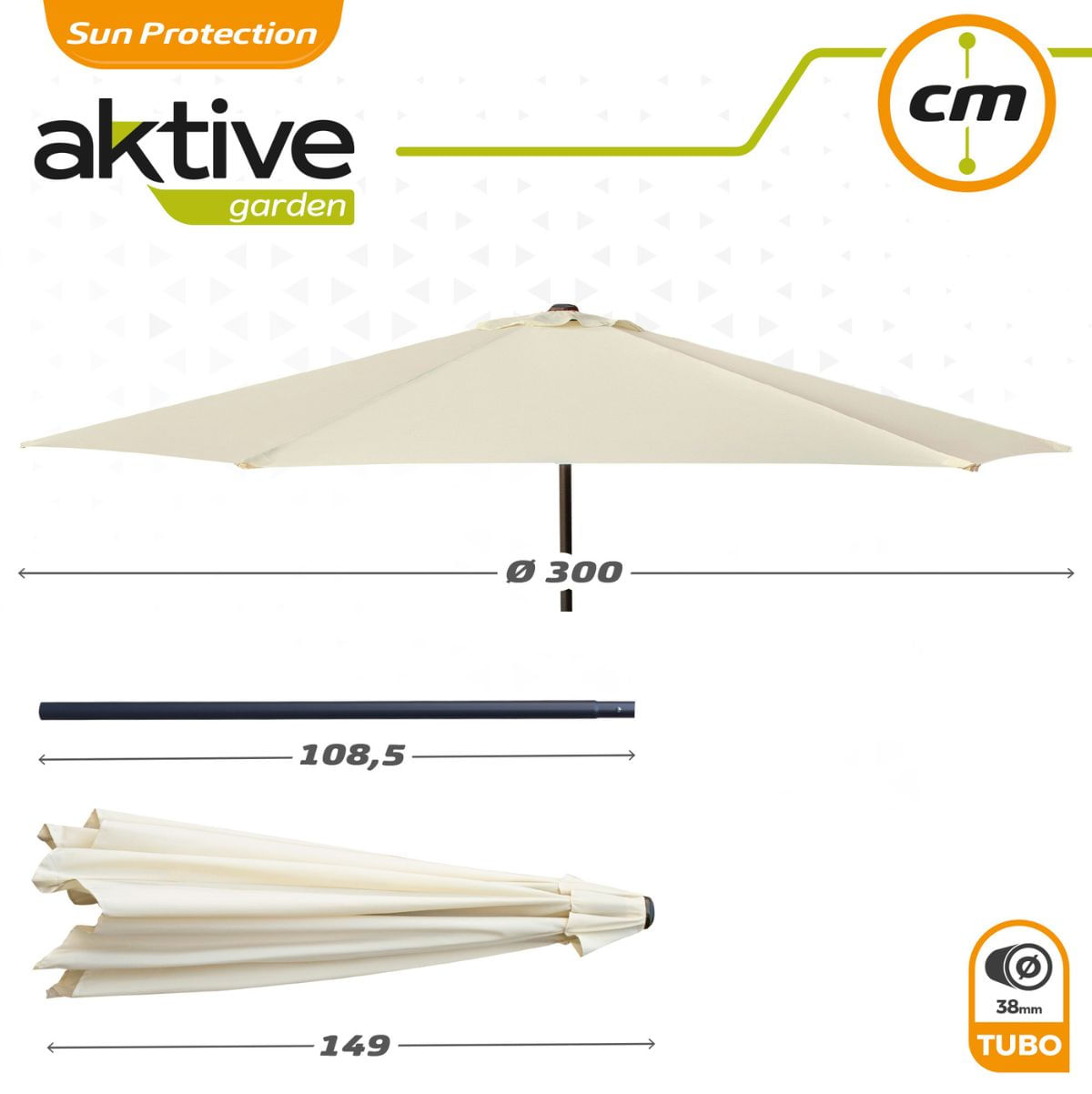 Sombrilla de jardín Aktive con manivela + ventilación beige Ø300 cm medidas