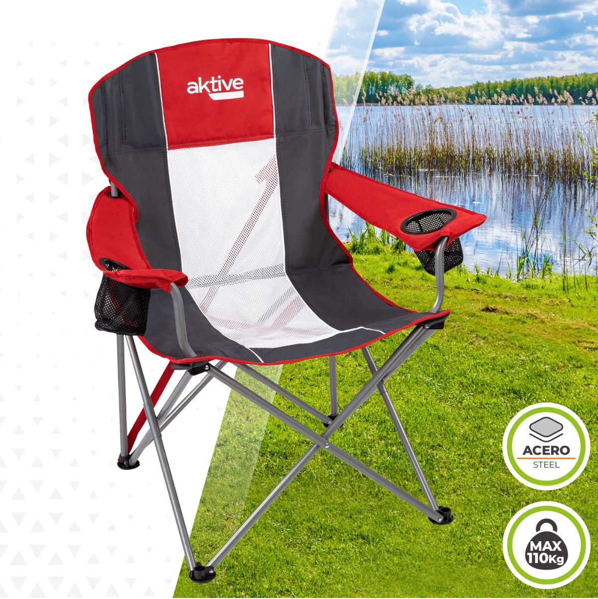 Silla de camping Aktive plegable rojo/gris 98x56x59 cm